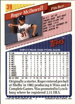 1993 Topps - Inaugural Marlins #39 Roger McDowell Back