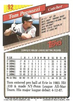 1993 Topps - Inaugural Marlins #92 Tom Pagnozzi Back