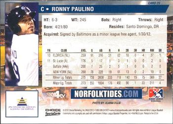 2012 Choice Norfolk Tides #29 Ronny Paulino Back