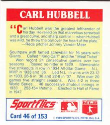 1989 Sportflics - The Unforgetables #46 Carl Hubbell Back