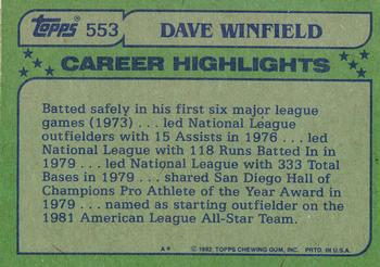1982 Topps - Blackless #553 Dave Winfield Back