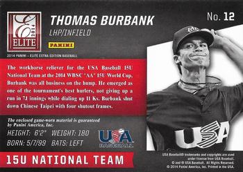 2014 Panini Elite Extra Edition - USA Baseball 15U Game Jerseys #12 Thomas Burbank Back