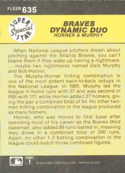 1986 Fleer #635 Braves Dynamic Duo (Bob Horner / Dale Murphy) Back