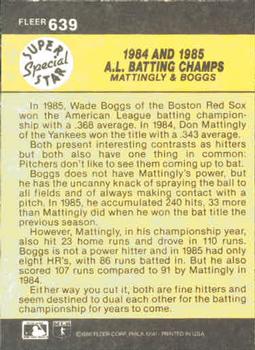 1986 Fleer #639 1984 and 1985 A.L. Batting Champs (Don Mattingly / Wade Boggs) Back