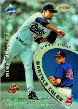 1996 Bowman's Best - Mirror Image Refractor #9 Mike Mussina / Bartolo Colon / Greg Maddux / Jamey Wright Front