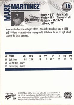 2000 Multi-Ad Lowell Spinners #19 Mark Martinez Back