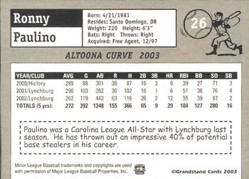 2003 Grandstand Altoona Curve #NNO Ronny Paulino Back