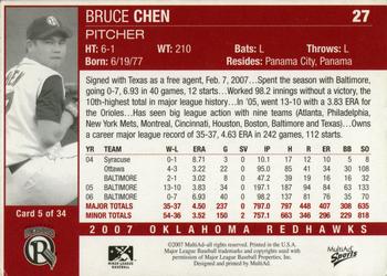 2007 MultiAd Oklahoma RedHawks #5 Bruce Chen Back