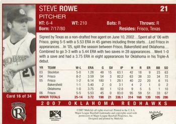 2007 MultiAd Oklahoma RedHawks #16 Steve Rowe Back