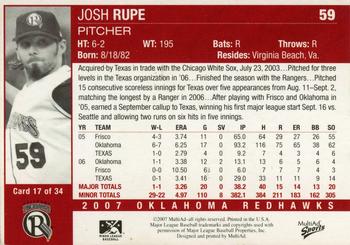 2007 MultiAd Oklahoma RedHawks #17 Josh Rupe Back