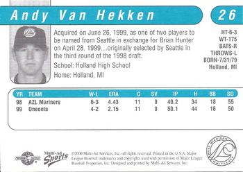 2000 Multi-Ad West Michigan Whitecaps #NNO Andy Van Hekken Back