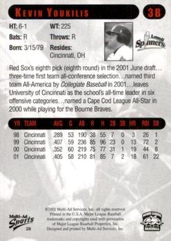 2001 Multi-Ad Lowell Spinners #28 Kevin Youkilis Back