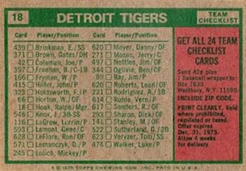 1975 Topps - Team Checklists Gray Back #18 Detroit Tigers / Ralph Houk Back