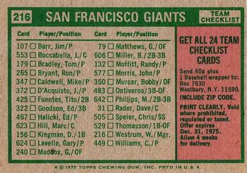 1975 Topps - Team Checklists Gray Back #216 San Francisco Giants / Wes Westrum Back