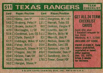 1975 Topps - Team Checklists Gray Back #511 Texas Rangers / Billy Martin Back