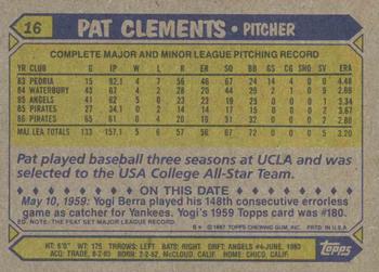 1987 Topps #16 Pat Clements Back