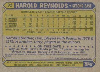 1987 Topps #91 Harold Reynolds Back