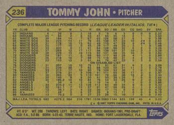 1987 Topps #236 Tommy John Back