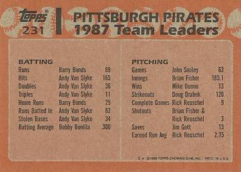 1988 Topps #231 Pirates Leaders Back