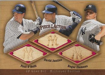 2001 SP Game Bat Milestone - Piece of Action Trios #OJC Paul O'Neill / David Justice / Roger Clemens Front