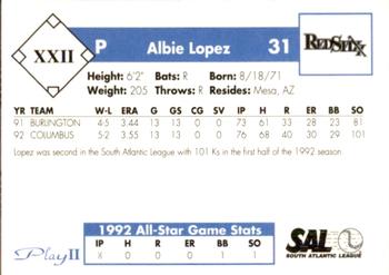 1993 Play II South Atlantic League All-Stars #XXII Albie Lopez Back