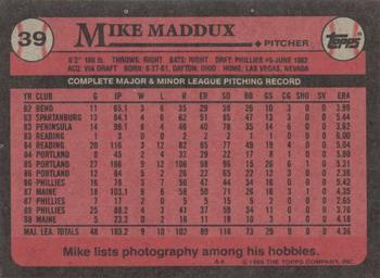 1989 Topps #39 Mike Maddux Back