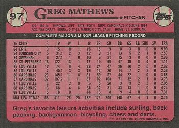 1989 Topps #97 Greg Mathews Back