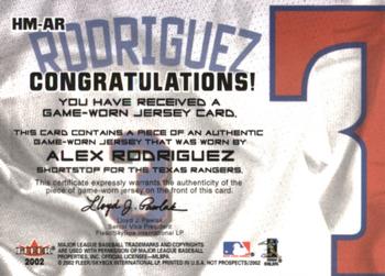 2002 Fleer Hot Prospects - MLB Red Hot Materials #HM-AR Alex Rodriguez  Back