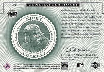 2002 Upper Deck Sweet Spot Classics - Game Bat #B-KP Kirby Puckett Back