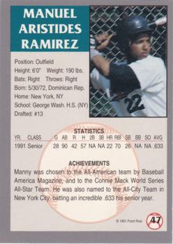 1991 Front Row Draft Picks - Silver #47 Manny Ramirez Back