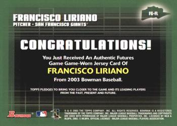 2003 Bowman - Futures Game Jerseys #FG-FL Francisco Liriano Back