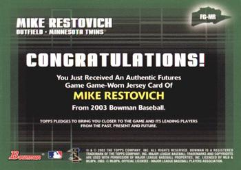 2003 Bowman - Futures Game Jerseys #FG-MR Michael Restovich Back