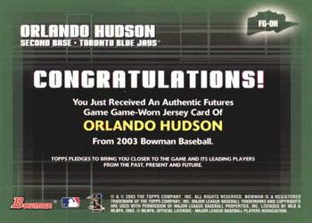 2003 Bowman - Futures Game Jerseys #FG-OH Orlando Hudson Back