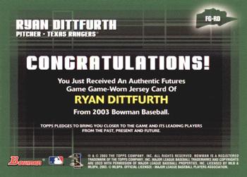 2003 Bowman - Futures Game Jerseys #FG-RD Ryan Dittfurth Back