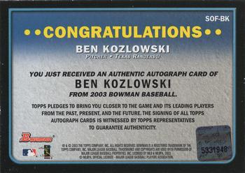 2003 Bowman - Signs of the Future #SOF-BK Ben Kozlowski Back