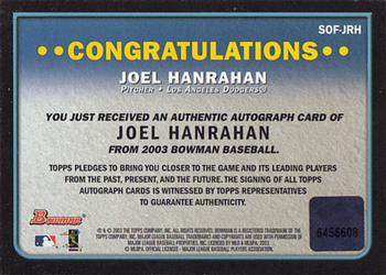 2003 Bowman - Signs of the Future #SOF-JRH Joel Hanrahan Back