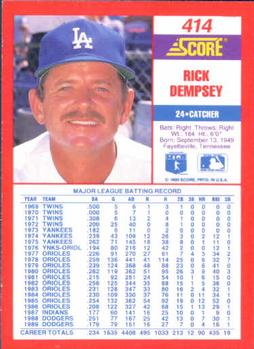 1990 Score #414 Rick Dempsey Back