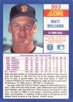 1990 Score #503 Matt Williams Back