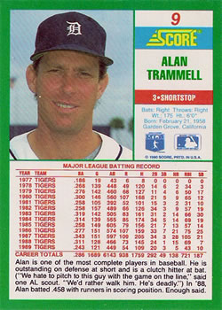 1990 Score #9 Alan Trammell Back