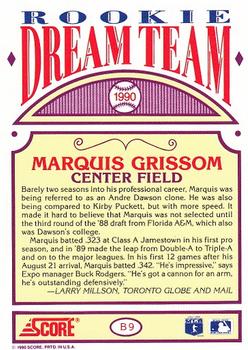 1990 Score - Rookie Dream Team #B9 Marquis Grissom Back