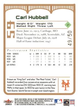 2003 Fleer Fall Classic - Championship Gold #59 Carl Hubbell Back