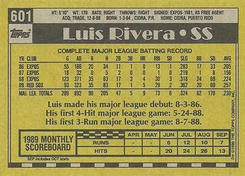 1990 Topps #601 Luis Rivera Back
