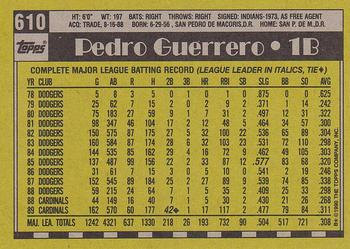 1990 Topps #610 Pedro Guerrero Back