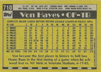 1990 Topps #710 Von Hayes Back