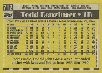 1990 Topps #712 Todd Benzinger Back