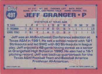 1991 Topps Traded - Gray Card Stock (Pack Version) #49T Jeff Granger Back