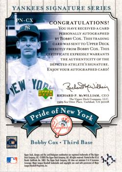 2003 Upper Deck Yankees Signature Series - Pride of New York Autographs #PN-CX Bobby Cox Back