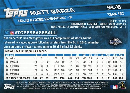 2017 Topps Milwaukee Brewers 5x7 #MIL-16 Matt Garza Back