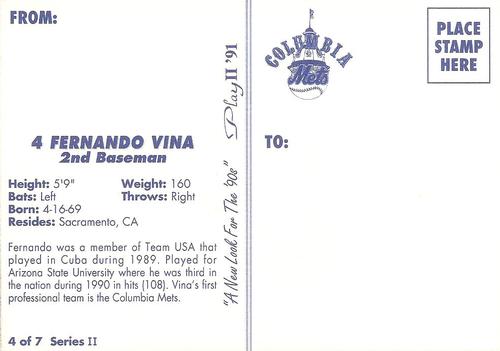 1991 Play II Columbia Mets Postcards #11 Fernando Vina Back