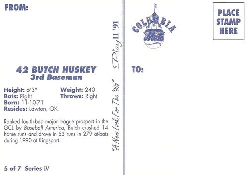 1991 Play II Columbia Mets Postcards #26 Butch Huskey Back